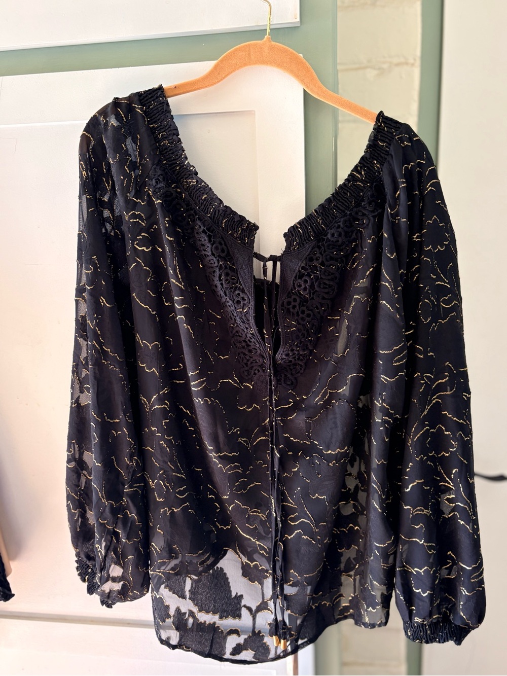 Black Peasant Blouse with Gold Metallic Accents - Women's Top
